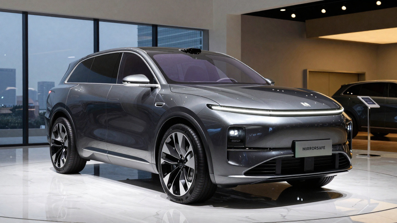 Carro eléctrico cinza moderno em exposição num espaço interior com janelas amplas e chão brilhante.