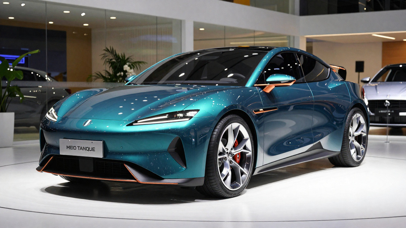 Carro desportivo elétrico azul turquesa em exposição, com design moderno e linhas aerodinâmicas.