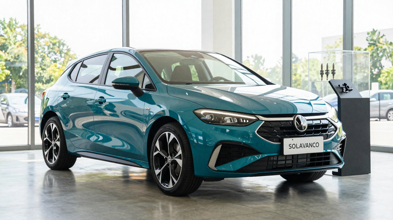 Carro hatchback moderno azul esverdeado exposto numa garagem com vidraças grandes e luz natural.