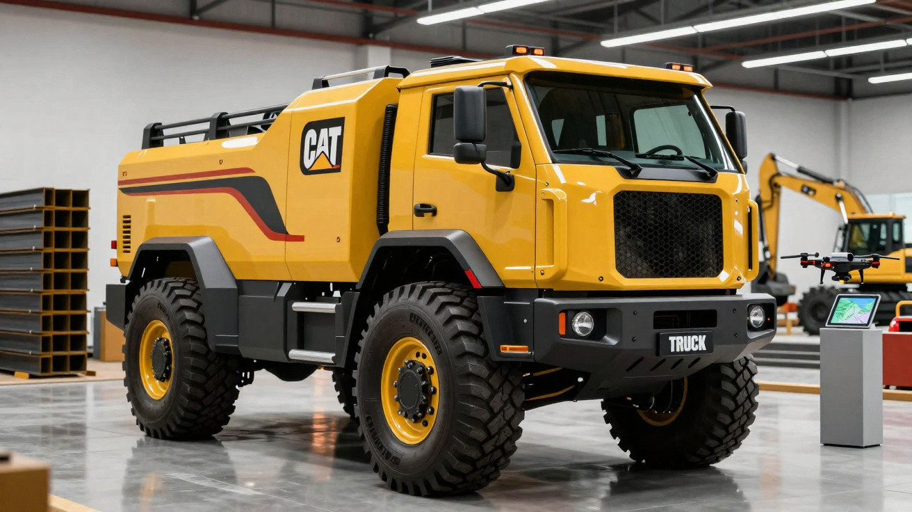Camião amarelo Caterpillar robusto para construção em armazém com iluminação interior e drone ao lado.