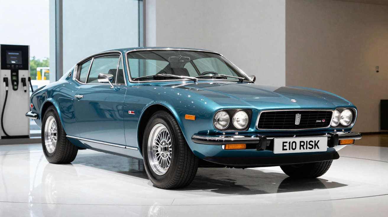 Carro clássico azul metálico estacionado em piso branco numa exposição interior, matrícula E10 RISK.