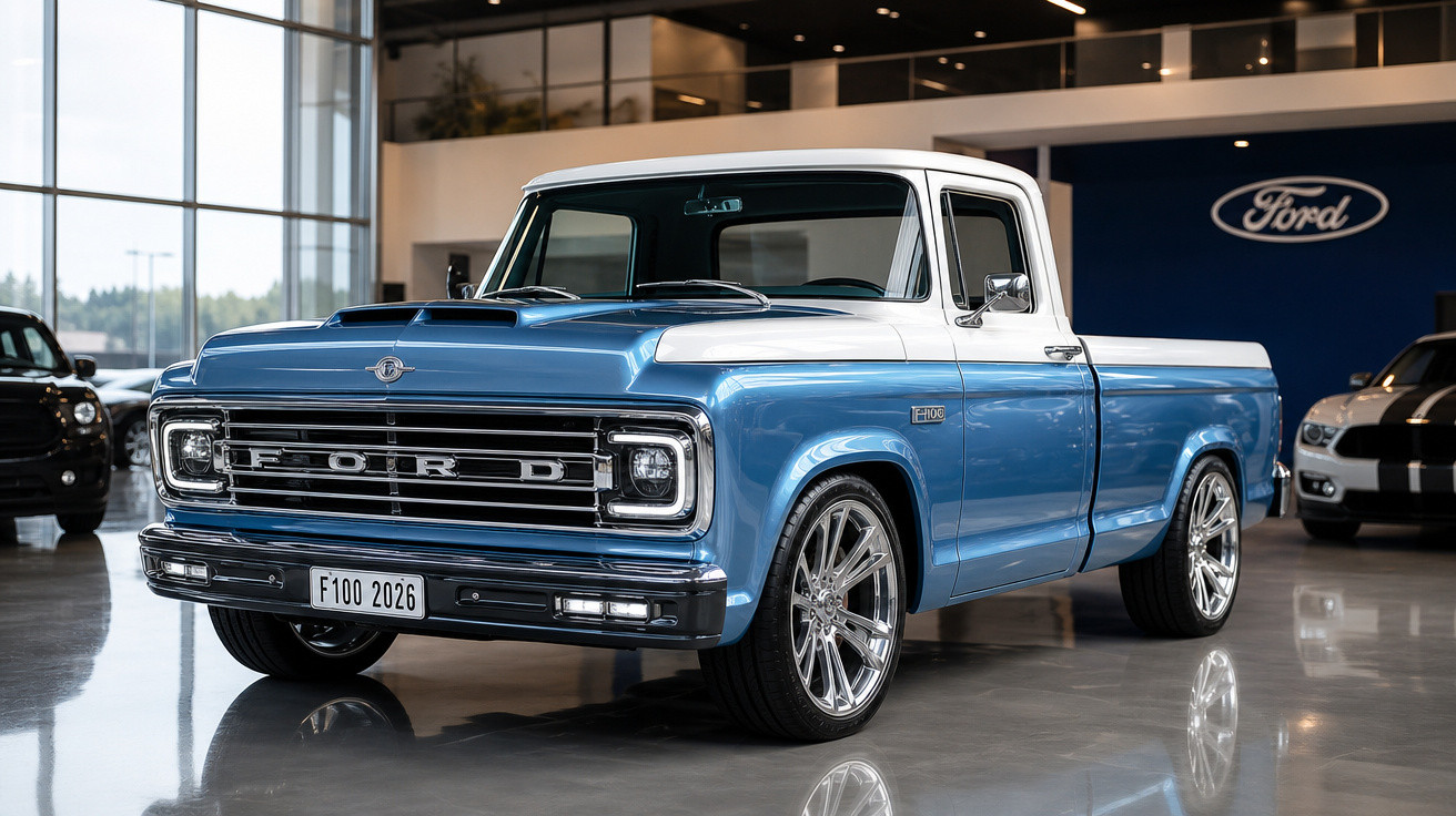 Pick-up Ford F-100 clássica azul e branca, com jantes modernas, em salão de automóveis.