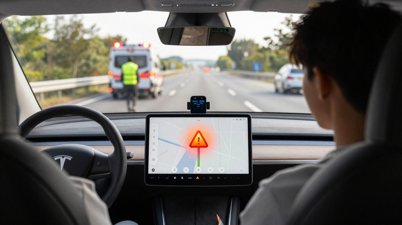 Interior de um carro Tesla com alerta de perigo no ecrã, visibilidade de uma ambulância e pessoa na estrada à frente.