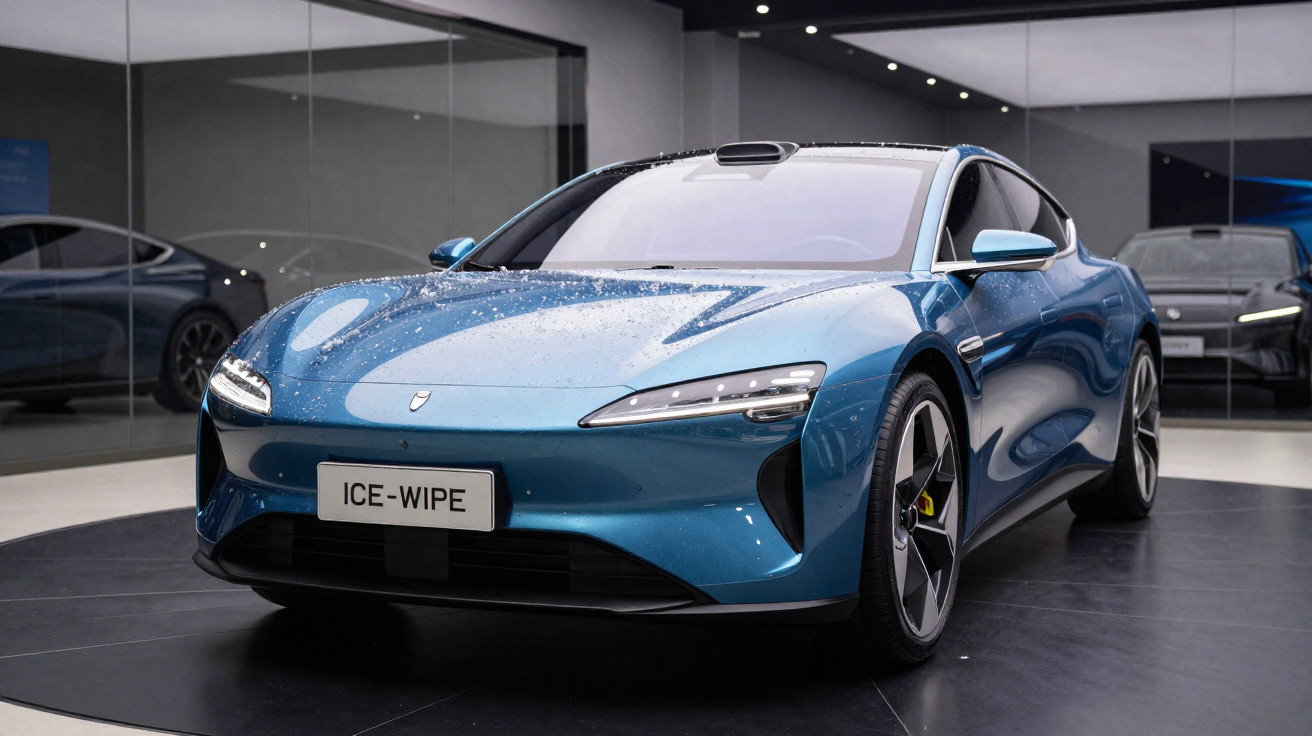 Carro elétrico azul metálico exposto em salão moderno com detalhes aerodinâmicos e luzes LED.