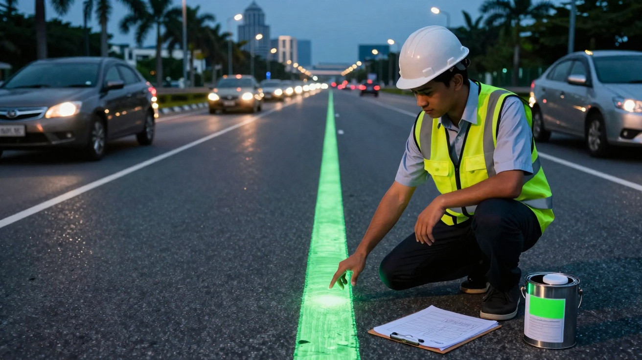 Trabalhador com capacete e colete reflete linha verde luminosa no centro da estrada à noite.