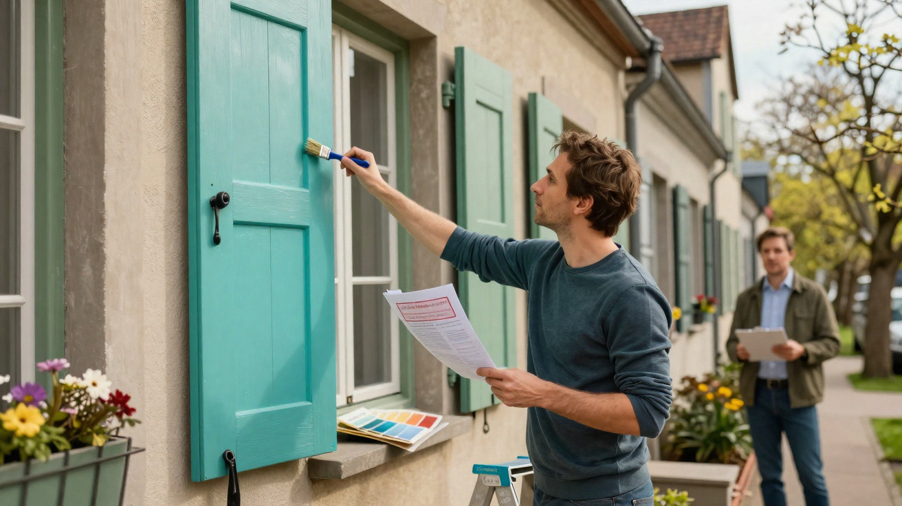 Homem a pintar portas de janelas exteriores verdes enquanto segura um documento, com outro homem ao fundo.