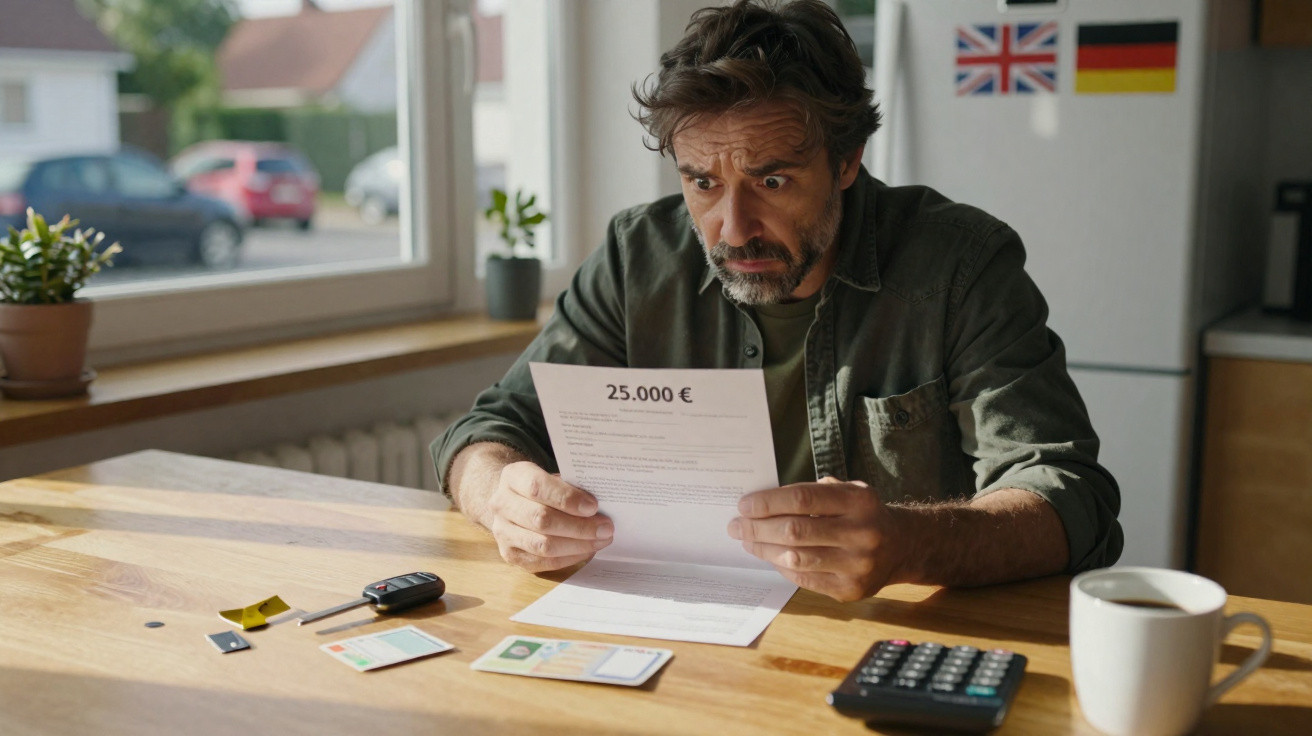 Homem com expressão preocupada lê carta com valor de 25.000€ numa mesa com itens diversos.