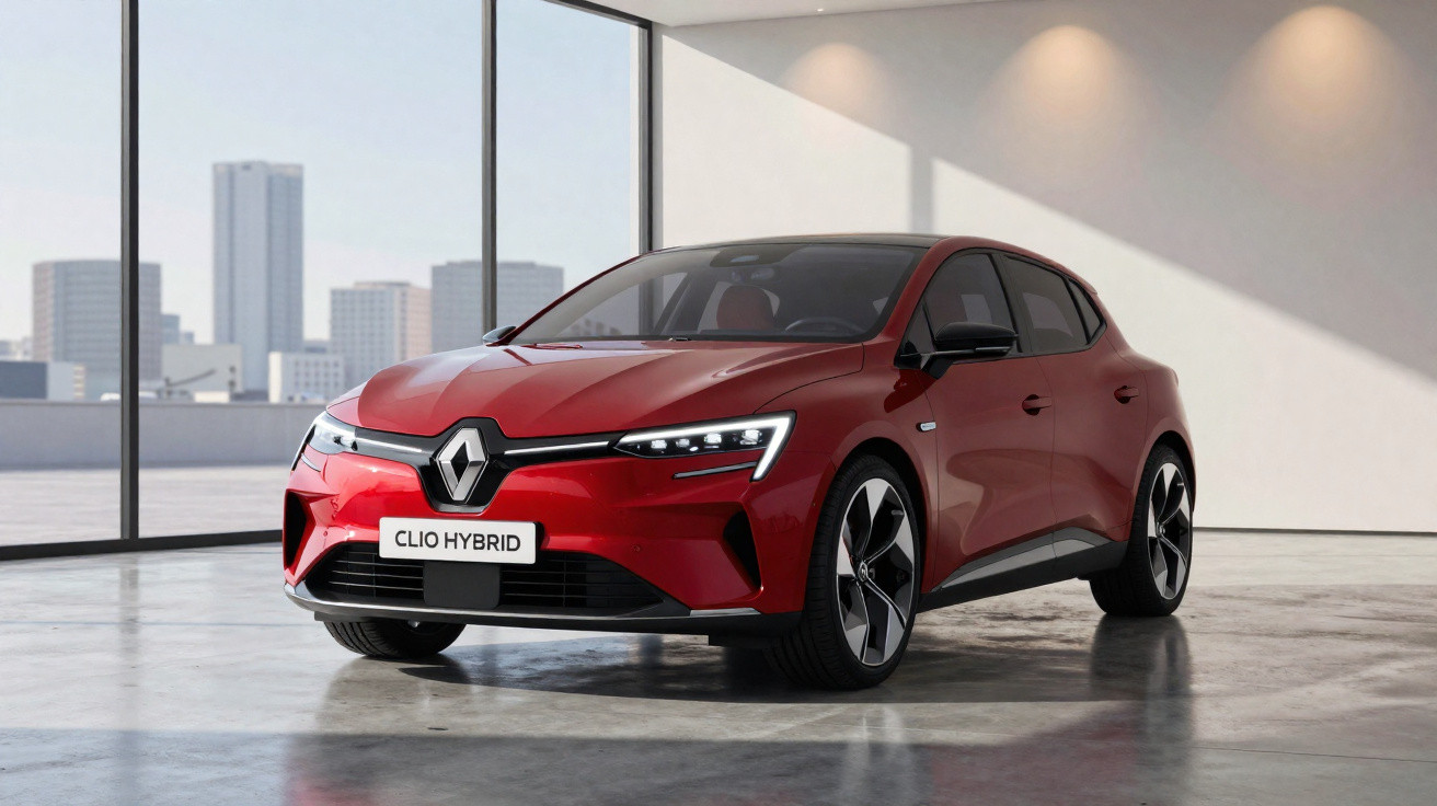 Renault Clio Hybrid vermelho estacionado em espaço interior luminoso com janela grande e vista urbana.