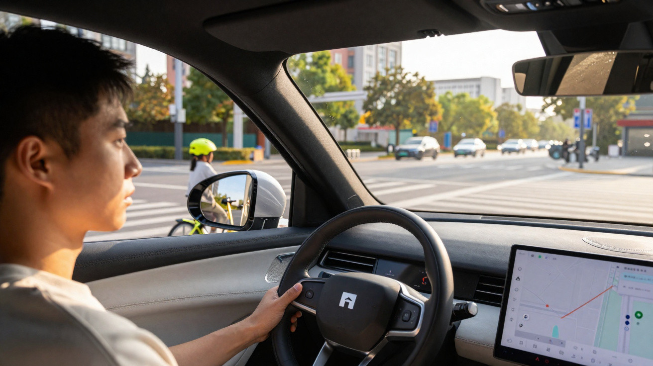 Homem asiático ao volante de carro elétrico com ecrã de navegação, esperando numa passadeira urbana.