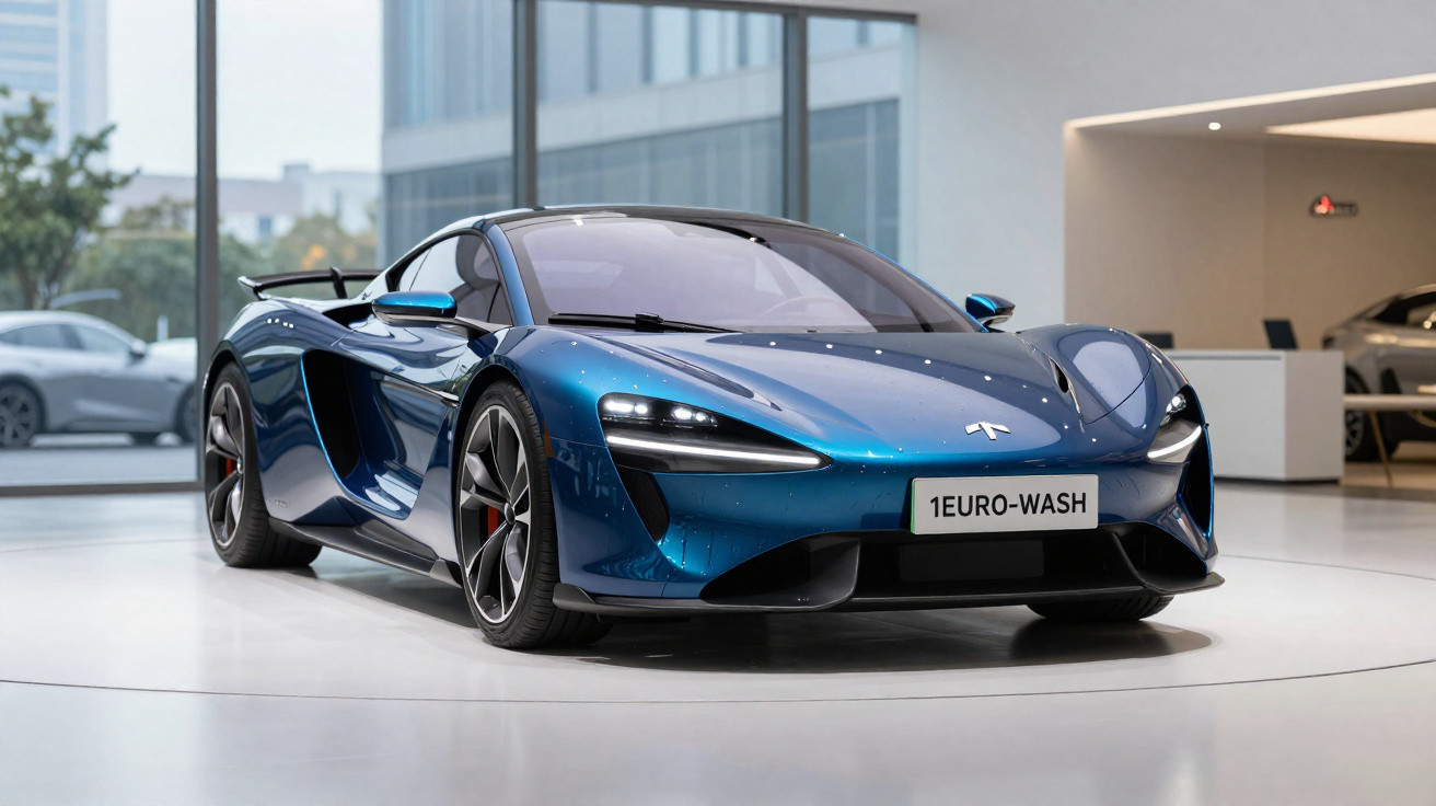 Automóvel desportivo azul metálico estacionado em showroom com iluminação natural.