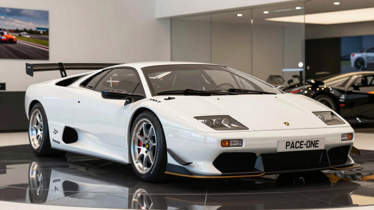Carro desportivo Lamborghini branco com asa traseira, exposto num showroom moderno.