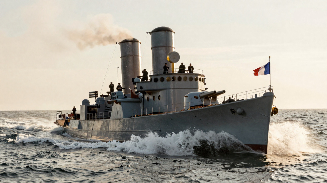 Navio de guerra antigo em mar agitado com bandeira francesa e fumo a sair das chaminés.
