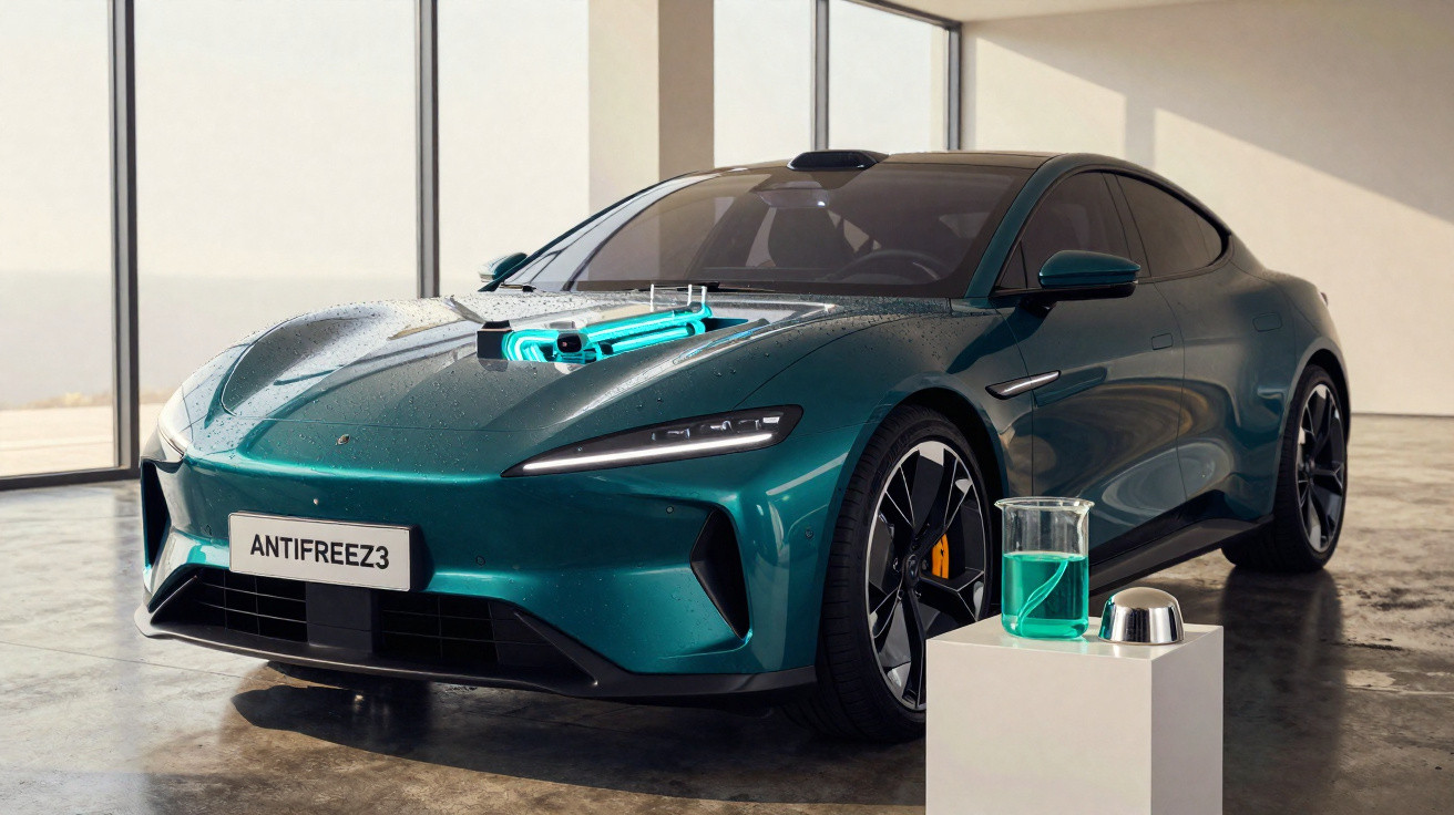 Carro desportivo verde metálico num espaço luminoso com tubos de líquido azul no capô e num suporte ao lado.