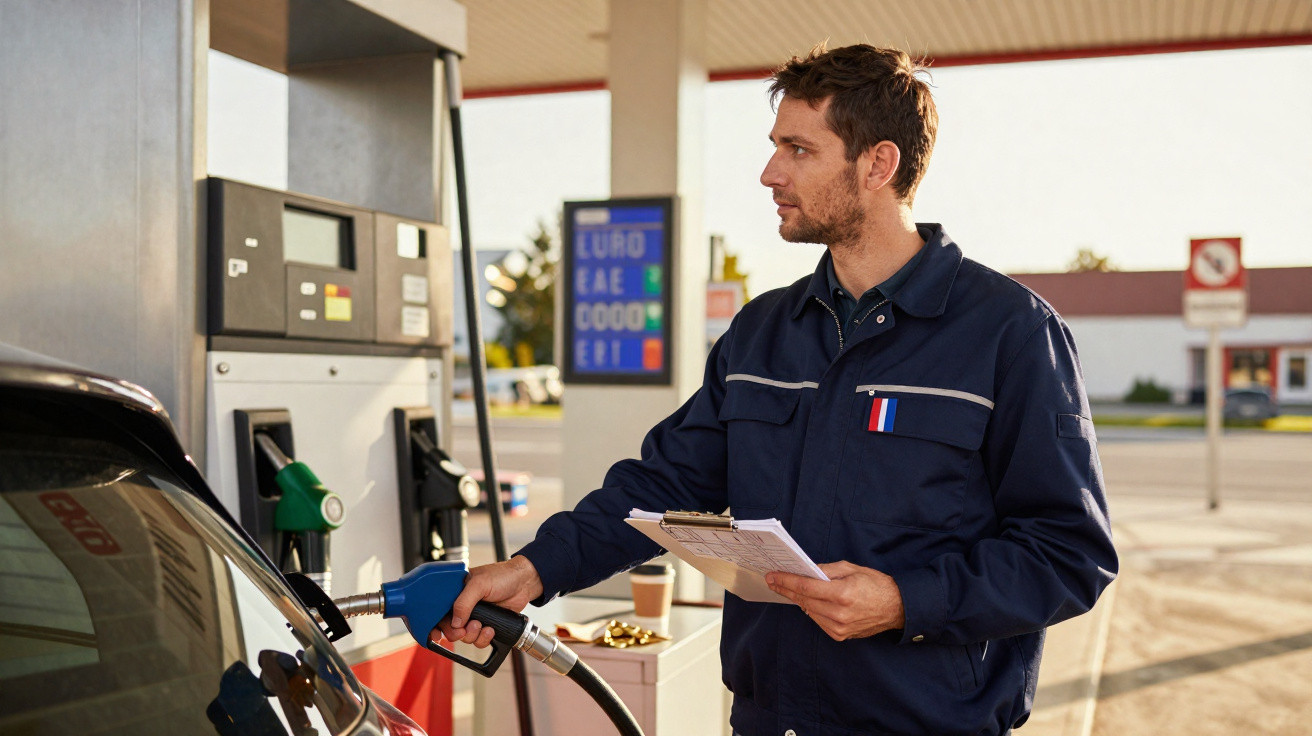 Funcionário de estação de serviço a abastecer carro com gasolina e a segurar prancheta.