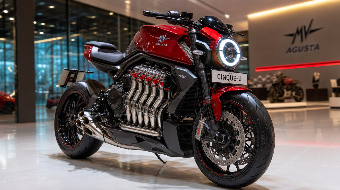 Moto desportiva MV Agusta Cinque-U vermelha exposta em salão moderno com iluminação sofisticada.