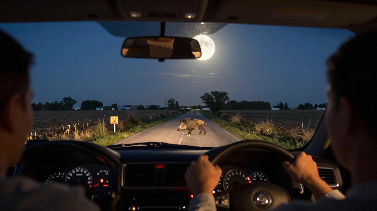 Interior de carro à noite, dois homens a conduzir, javali a atravessar estrada rural sob a luz da lua cheia.