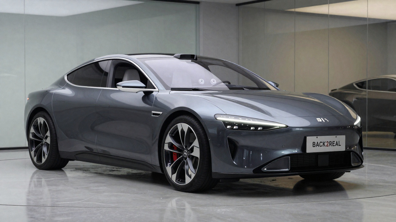 Carro elétrico desportivo cinzento estacionado em showroom com paredes espelhadas.