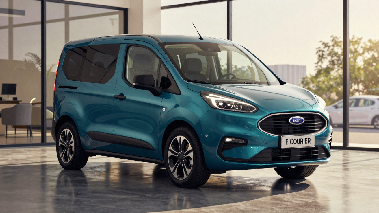 Carro elétrico azul Ford E-Courier estacionado num showroom com grandes janelas de vidro.