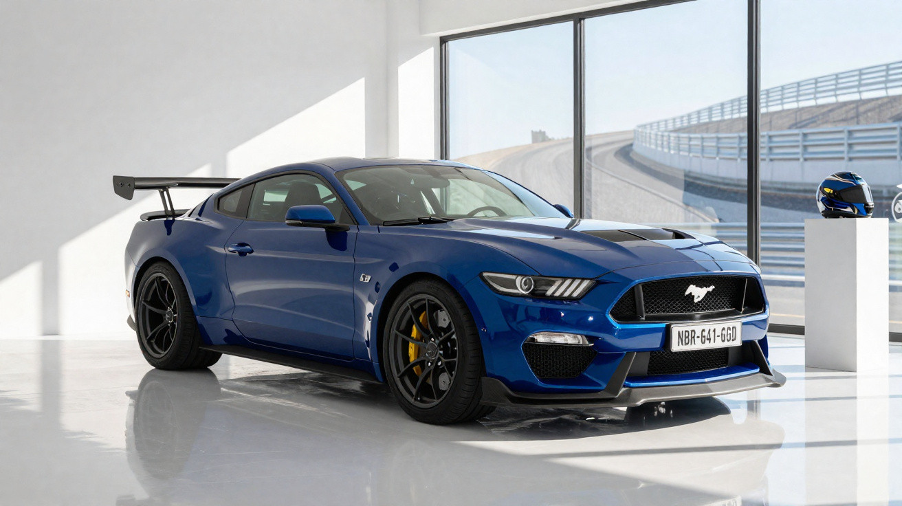 Carro desportivo azul Ford Mustang GT estacionado num espaço interior com janelas amplas e capacete de corrida.