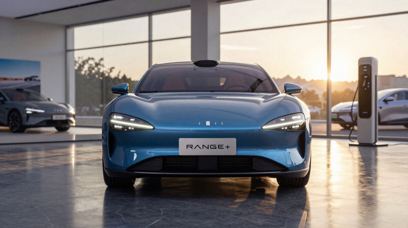 Carro elétrico azul brilhante Range+ estacionado em interior moderno com vidro grande e luz ao pôr do sol.