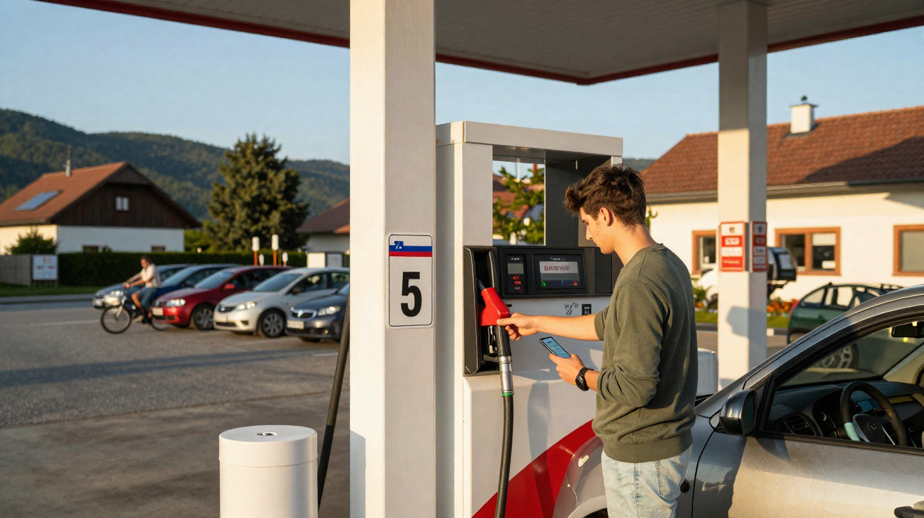 Homem a abastecer carro numa bomba de gasolina ao pôr do sol numa estação de serviço.