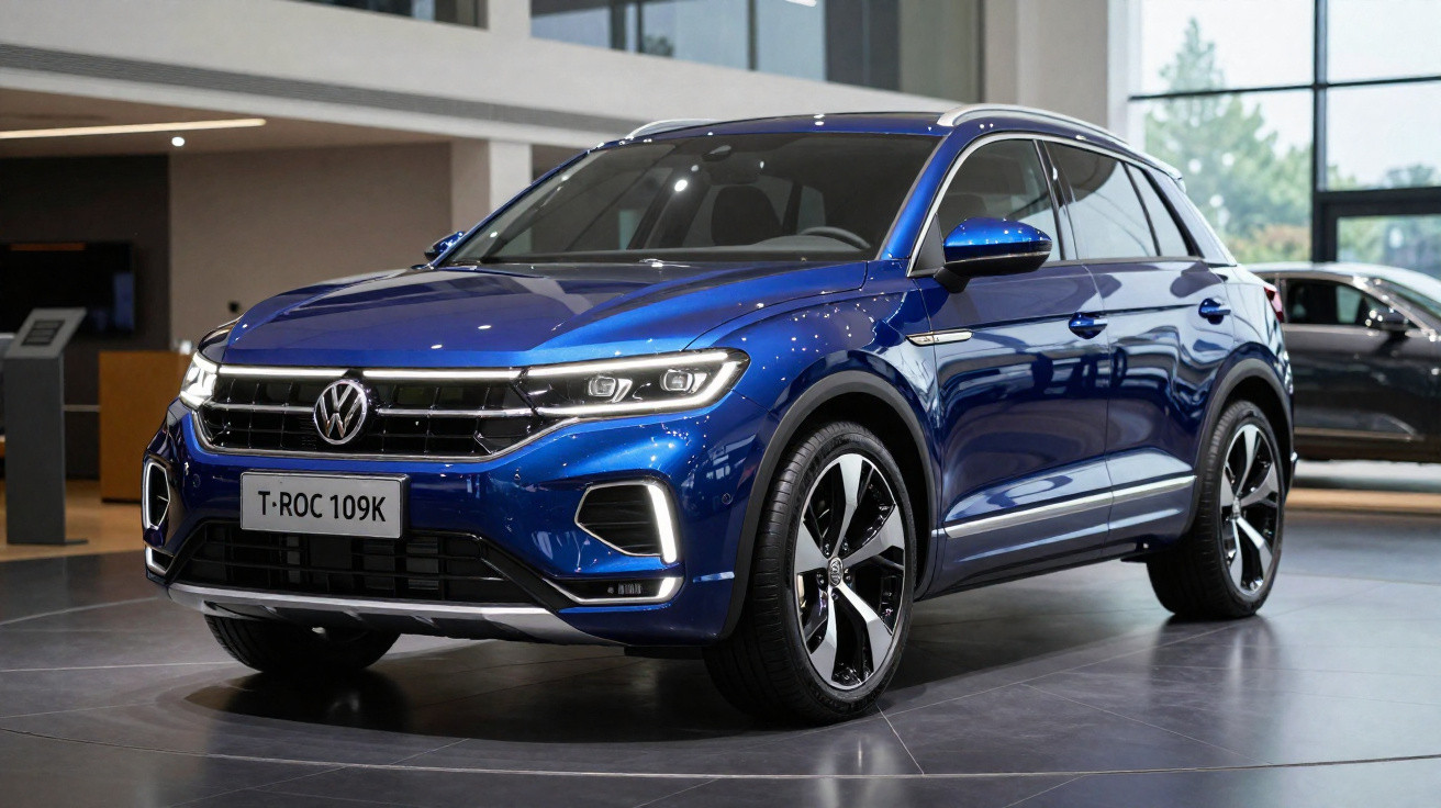 Volkswagen T-Roc azul estacionado em sala de exposição com janelas amplas ao fundo.