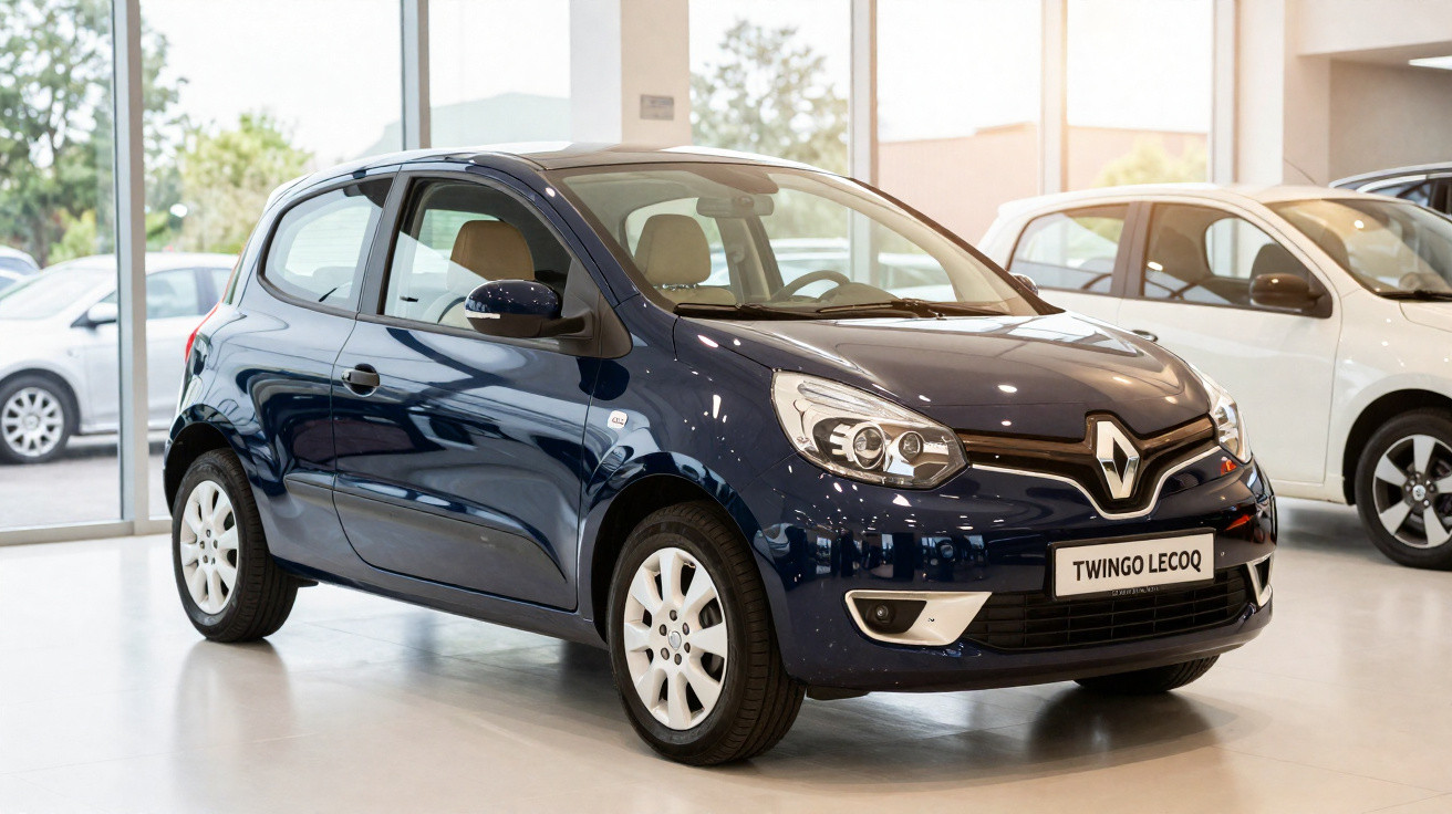 Automóvel Renault Twingo Lecoq azul escuro exibido num salão de carros com interiores modernos.