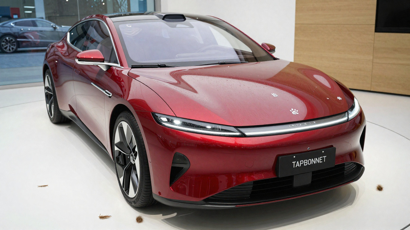 Carro elétrico desportivo vermelho estacionado em espaço interior com luz natural e chão branco.