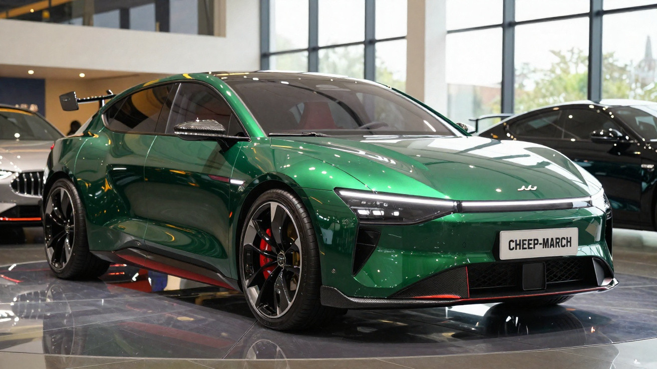 Carro desportivo elétrico verde com faróis LED, jantes pretas e detalhes vermelhos em exposição interior.