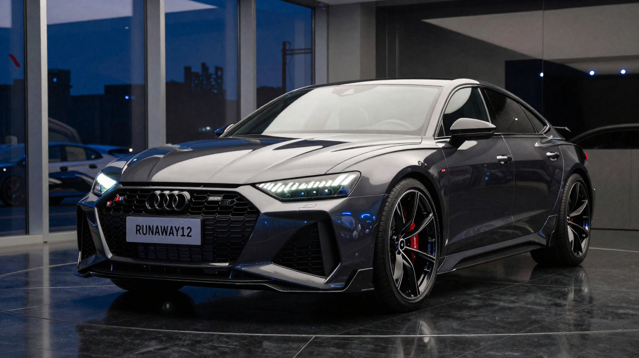 Carro Audi desportivo cinza escuro estacionado numa garagem com luzes LED acesas à frente.