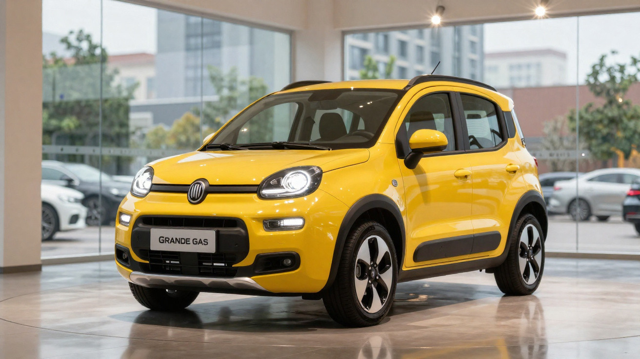 Carro compacto amarelo Fiat Panda Grande Gas estacionado no interior de uma loja.