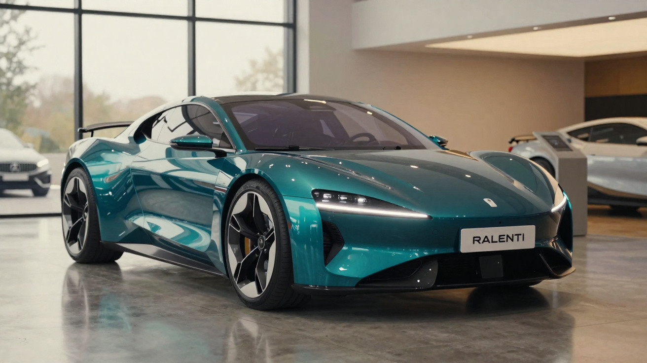 Carro desportivo elétrico verde metálico com design aerodinâmico em exposição num espaço interior moderno.