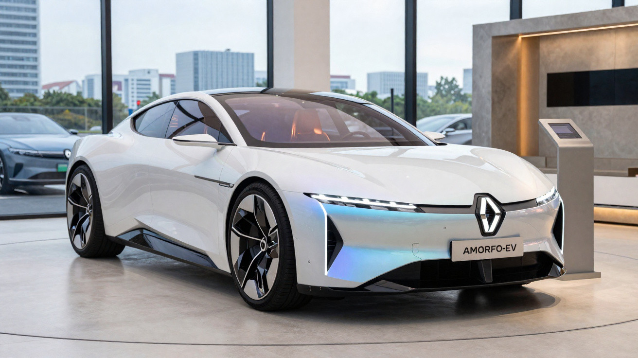 Carro elétrico desportivo branco Renault Amorfo-EV exposto numa sala moderna com janelas grandes.