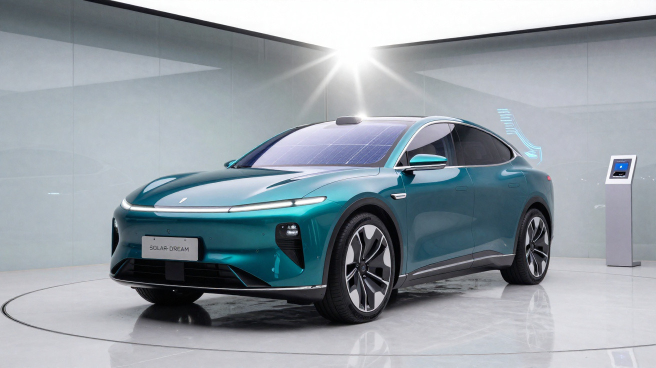 Carro elétrico azul futurista exibido numa sala branca com teto de vidro e painel solar no capô.