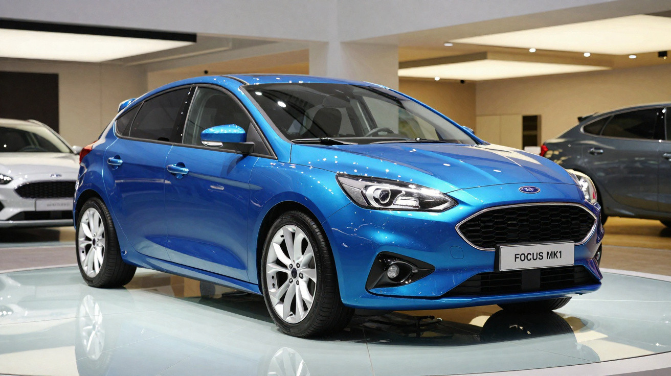 Carro Ford Focus MK1 azul exposto em stand automóvel com iluminação interior.