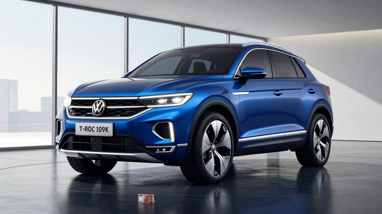 Carro Volkswagen T-Roc 109K azul estacionado dentro de espaço moderno com vidro grande ao fundo.
