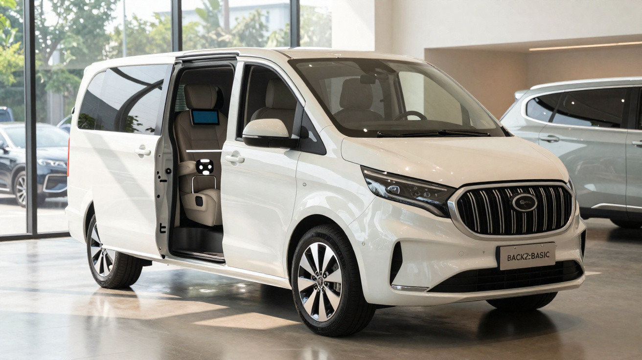 Carrinha branca moderna com porta deslizante aberta, interior visível em showroom iluminado.