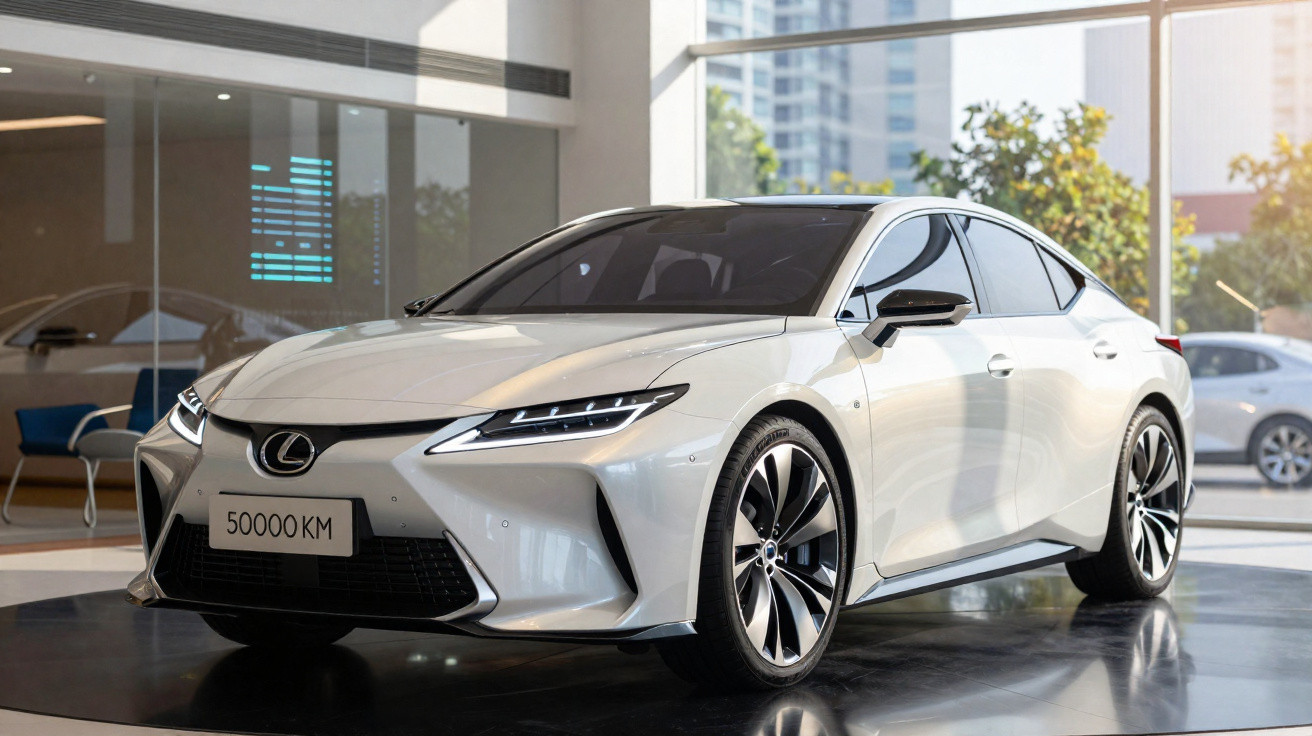 Carro Lexus branco estacionado em showroom moderno com grandes janelas e reflexos no chão.