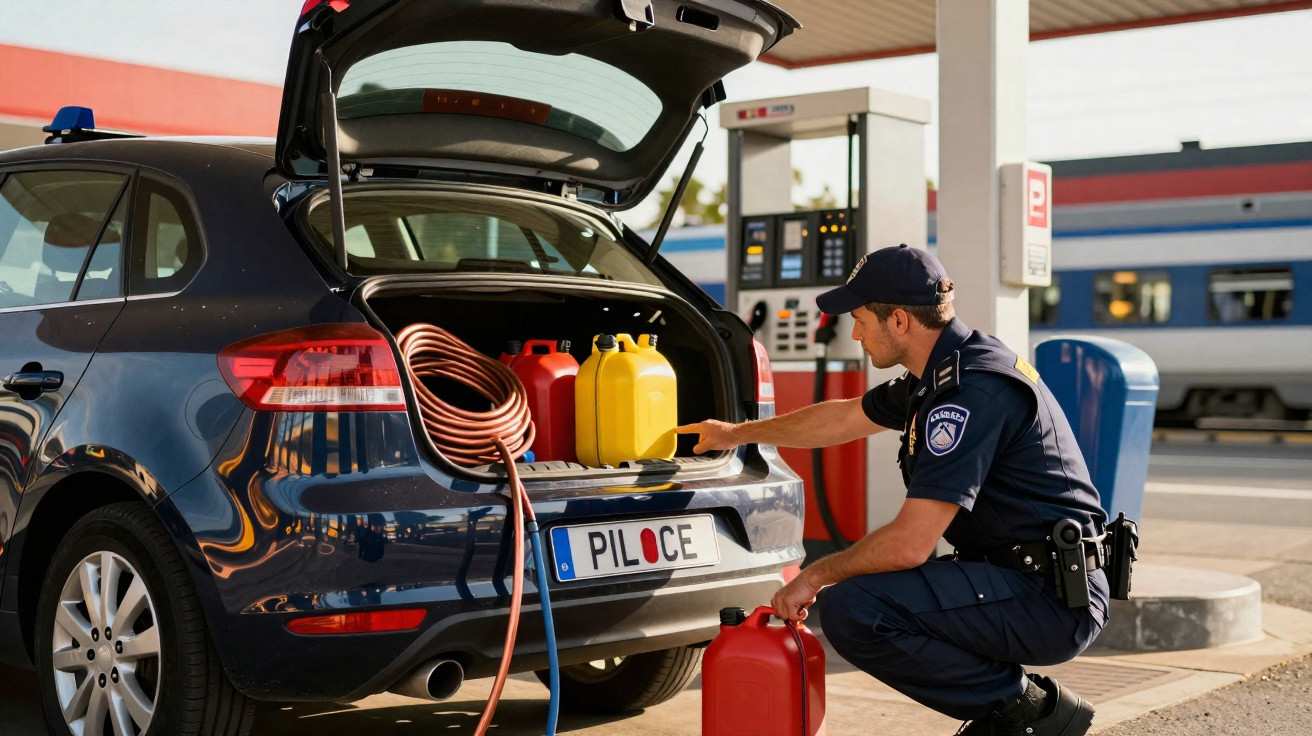 Polícia a guardar garrafas de combustível num carro com a mala aberta numa bomba de gasolina.