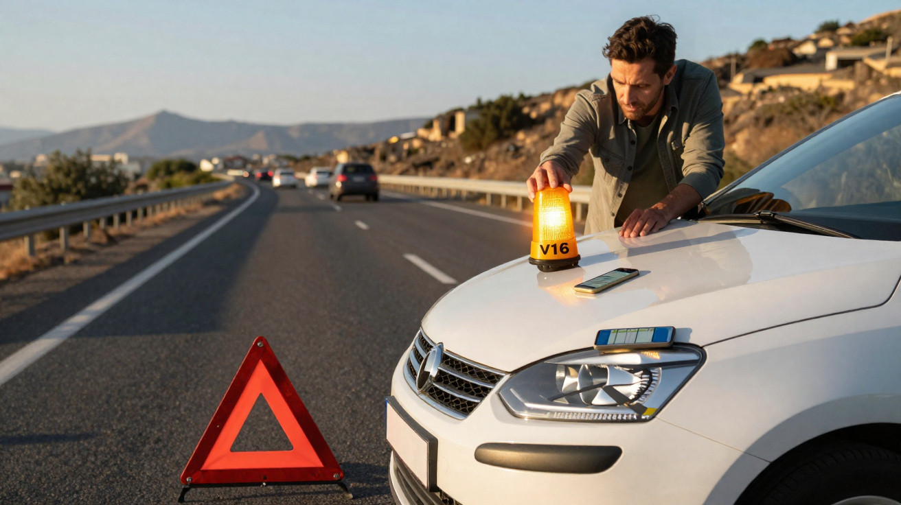 Homem coloca luz de aviso V16 no capot de carro avariado com triângulo refletor na estrada.