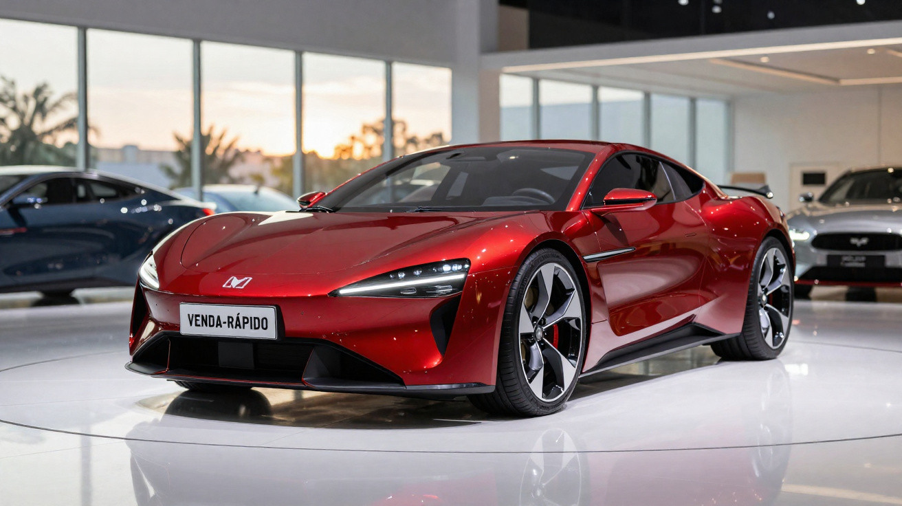 Carro desportivo vermelho brilhante exposto em salão automóvel moderno com placa "VENDA-RÁPIDO".