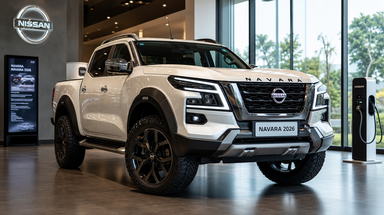 Picape Nissan Navara 2026 branca exposta num showroom moderno com iluminação natural.