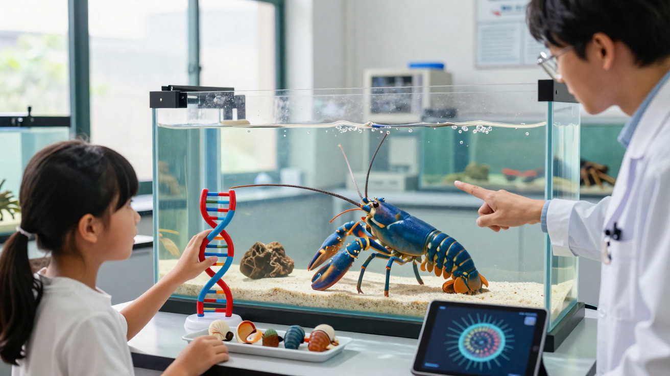 Criança e cientista observam lagosta azul num aquário, com modelo de DNA e tablet na mesa.