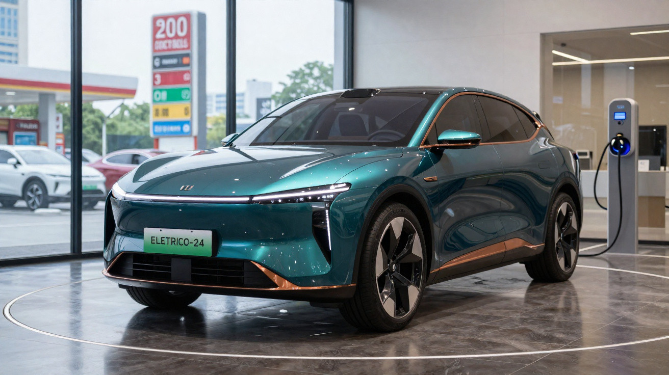 Carro elétrico moderno verde pendurado numa estação de carregamento dentro de uma sala com janelas grandes.