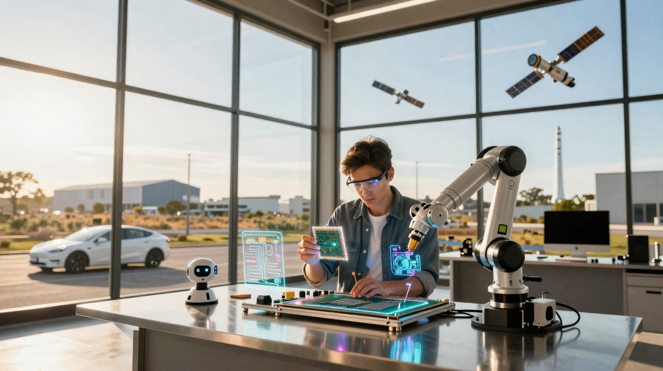 Homem a trabalhar com tecnologia e robótica num laboratório moderno com vista exterior ampla.