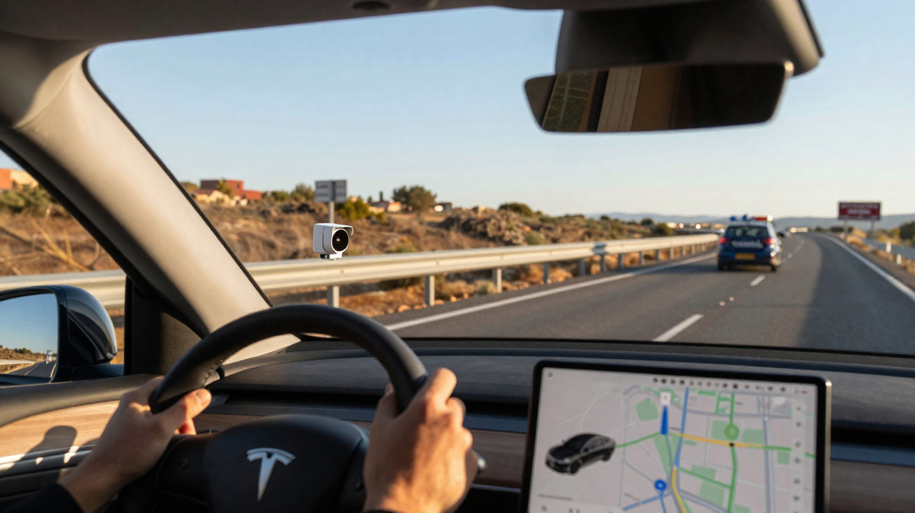 Vista interior de carro Tesla com sistema de navegação e polícia a circular na estrada à frente.