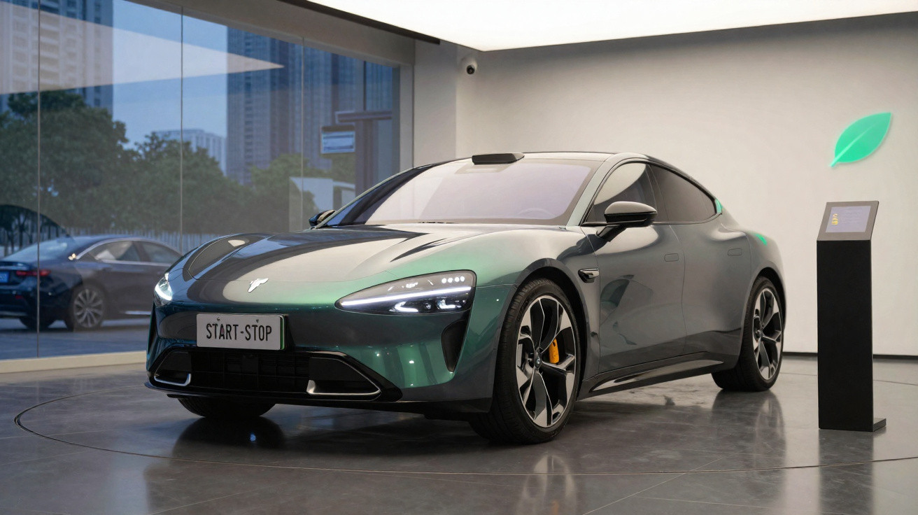 Carro eléctrico verde metálico em exposição numa sala moderna com chão reflexivo e parede branca.