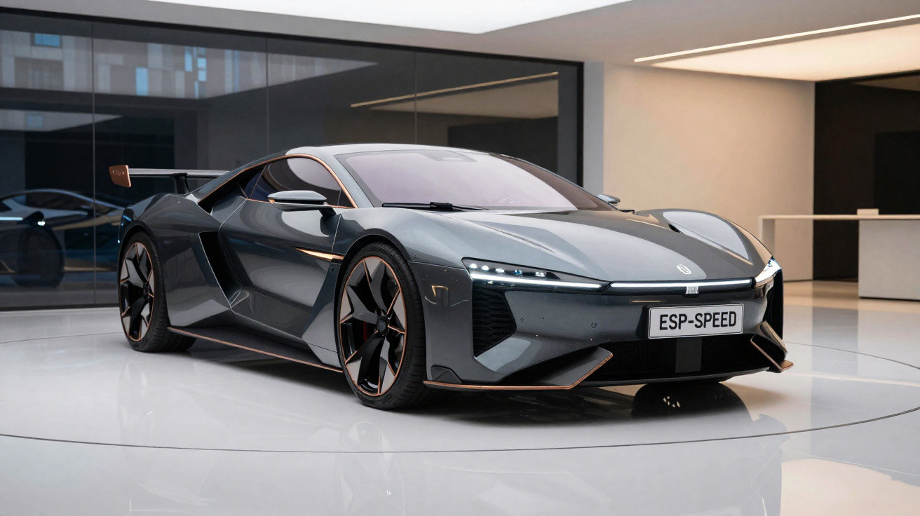 Carro desportivo cinza metálico com design aerodinâmico e detalhes laranja, exibido num showroom moderno.