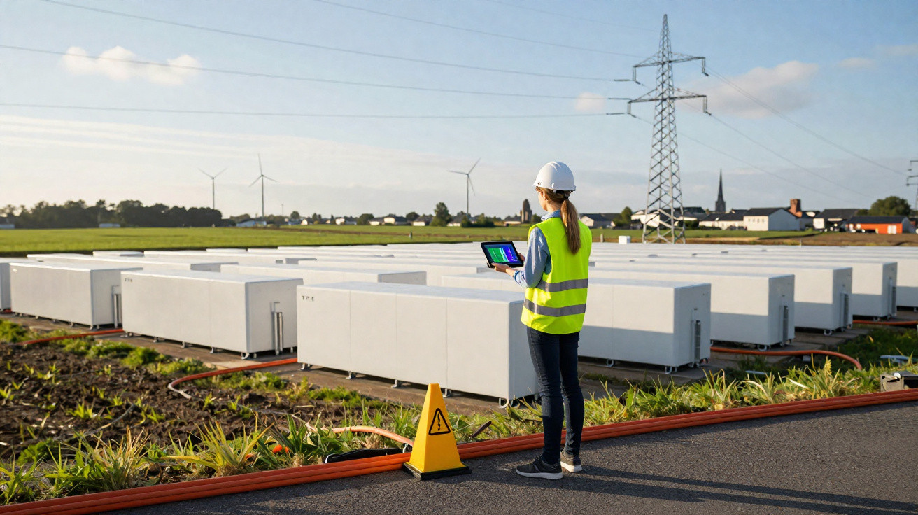 Engenheira com colete e capacete verifica energia em baterias industriais ao ar livre com turbinas eólicas ao fundo.