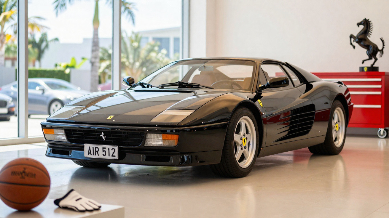Carro desportivo preto Ferrari clássico estacionado numa garagem iluminada com bola de basquete à frente.